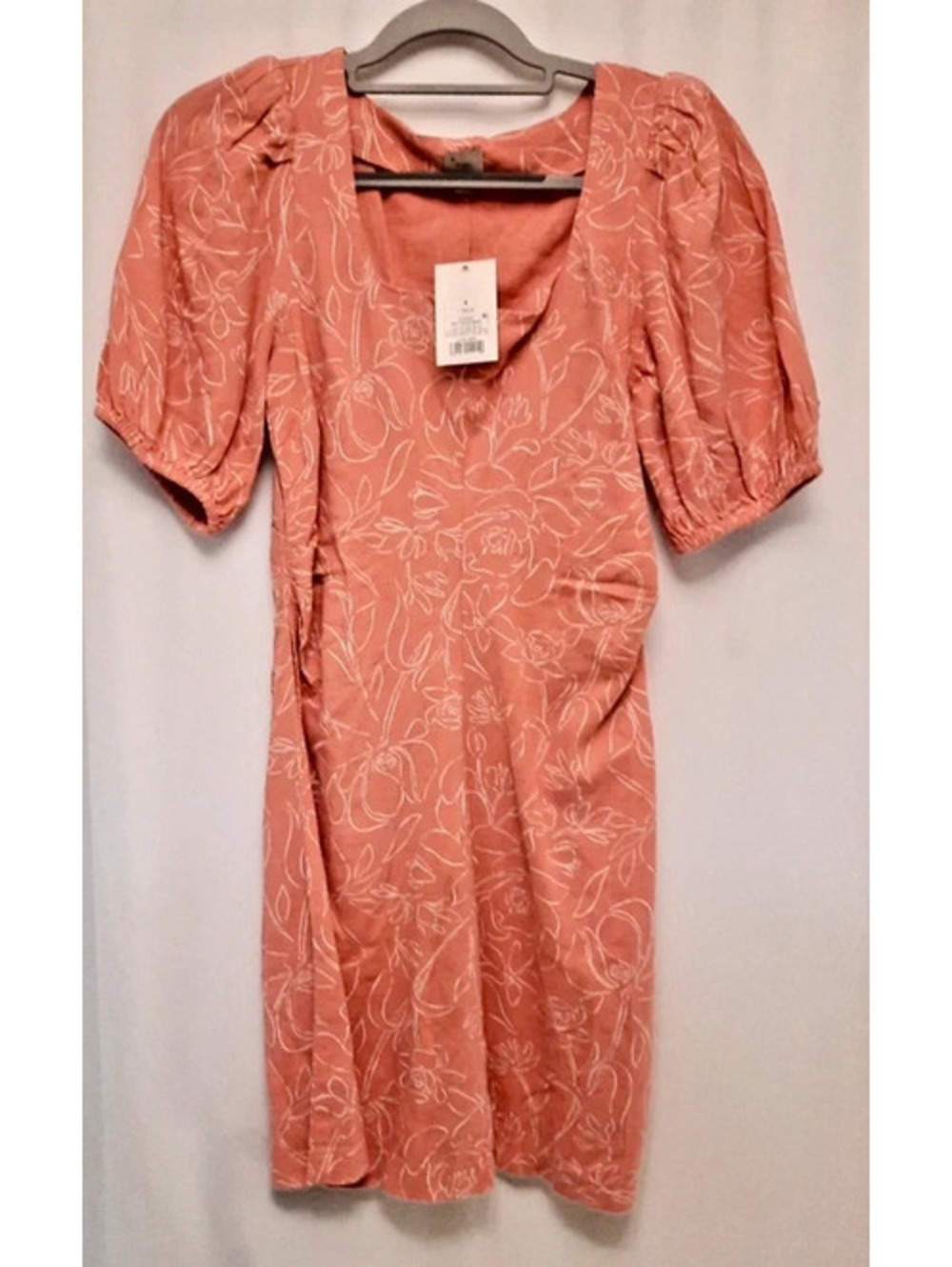 A New Day Women's Coral and White Floral Linen Mini Sundress Size 4, Short Puff